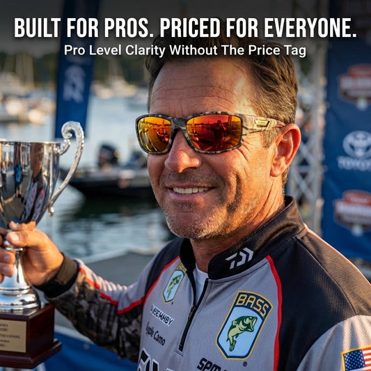 Man holding a fishing tournament trophy wearing a sponsored jacket and clearcast fishing glasses, against a blurred outdoor background.